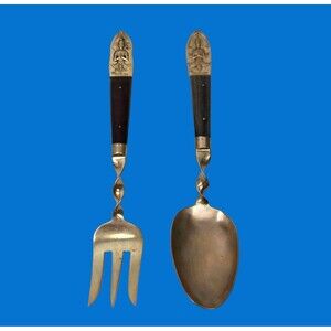 Vintage Large Serving Fork & Spoon Buddha Bronze Brass Rosewood Siam Thailand 10